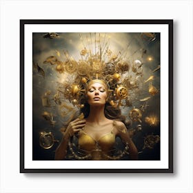 Golden Woman With Clocks On Her Head Art Print