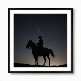 Silhouette Of Cowboy On Horseback At Night Art Print