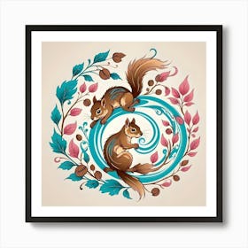 Squirrels Looking for Walnuts, Turquoise, Pink and Brown Art Print