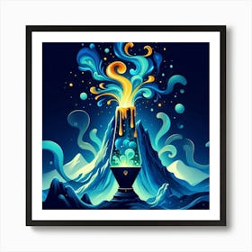 A Mountain Volcano Blue And Gold Green Lava Lamp With Flames And Smoke Swirling 2 Art Print