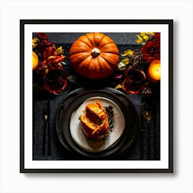 Autumnal Table Setting Cradling A Half Carved Roasted Pumpkin Candlelight Flickering Within Casting (6) Art Print