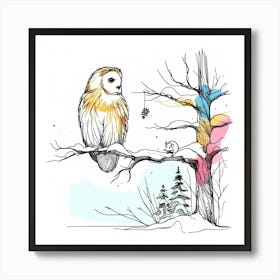 Owl on Tree in Minimal Line Drawing - Wild Bird Artwork 107 Art Print