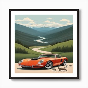 Red Car And Animals Art Print