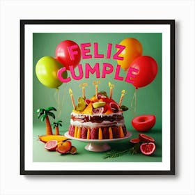 Feliz cumple and Feliz cumpleaños sign means Happy Birthday in Spanish language, Birthday party celebration gift with birthday cake candle colorful balloons best congratulation over light background wall artFeliz Cumple 50 Art Print