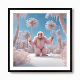 Digital Oil, Ape Wearing A Winter Coat, Whimsical And Imaginative, Soft Snowfall, Pastel Pinks, Blue Art Print