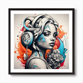 Girl With Headphones Art Print