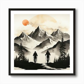 Boho art silhouette of Mountains and skiers 1 Art Print