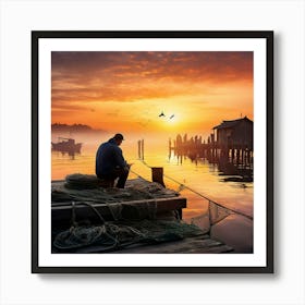 Sea Fisherman Mending Nets On A Rustic Wooden Dock At Dawn Mist Rolling Over Calm Waters Silhouett 537540339 (3) Art Print