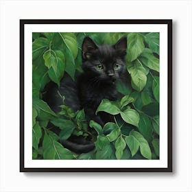 Black Kitten In Green Leaves 2 Art Print