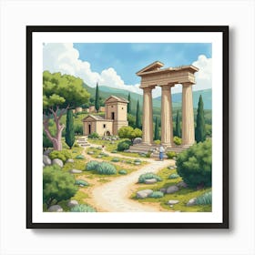 A Stunning Greek Man In Watercolor, With The Charm Of Ancient Ruins And Lush Greenery 1 Art Print