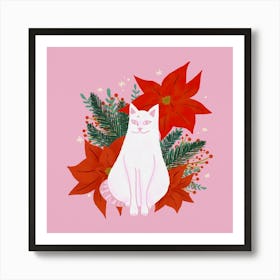 White Cat Christmas Pink And Orange Art Print