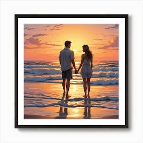 Ocean Sunset Beach With Couple Art Print (3) Art Print