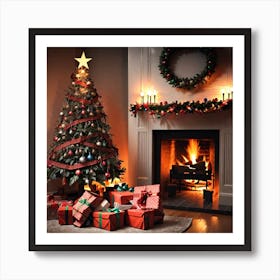 Christmas Tree In Front Of Fireplace 2 Art Print