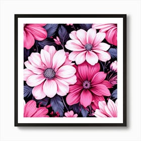 Floral Fantasia A Vibrant Pattern Bursting With Baby Pink White And Dark Pink flowers Pink Flowers On Black Background 1 Art Print