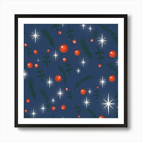 Happy Holidays Foliage Dark Blue Art Print