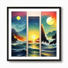 hree different vertical panels, ocean sea ⛵ ships Art Print