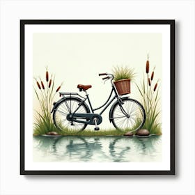 Classic Bike Beside A Tranquil Pond With Reeds Watercolor 1 Art Print