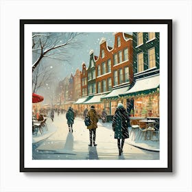 Amsterdam cafes, winter season, Christmas, pale colors, pedestrians in the street, winter clothes, falling snow.13 Art Print