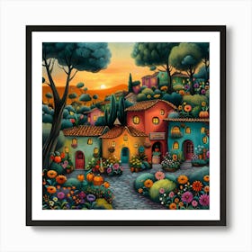 Village At Sunset, Naive, Whimsical, Folk 1 Art Print