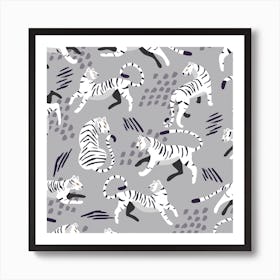 White Tiger Pattern On Gray With Decoration Square Art Print