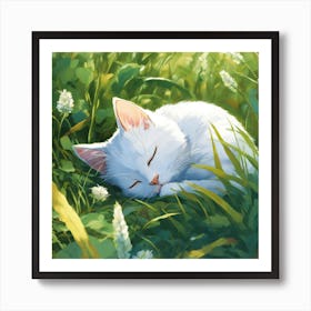 White Cat Sleeping In The Grass Art Print