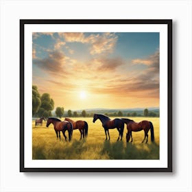 Horses In A Field At Sunset Art Print