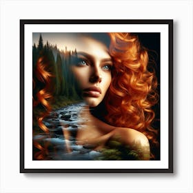 Double exposure photograph Woman With Red Curly Hair Art Print