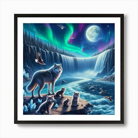 Wolf Family by Crystal Waterfall Under Full Moon and Aurora Borealis 4 Art Print