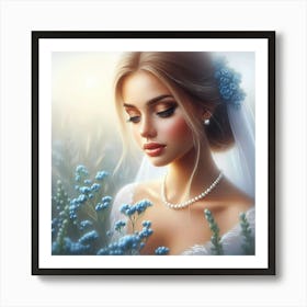 Beautiful Bride In Blue Flowers Art Print