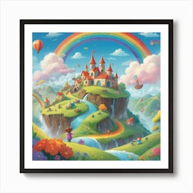 A playful and colorful children’s illustration of a fantasy world with cute characters, rolling hills, fluffy clouds, and a rainbow-filled sky. The scene is joyful and imaginative, full of fun details 3 Art Print