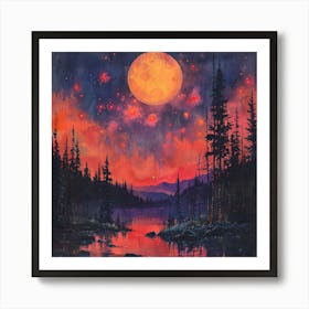 Full Moon Over Lake Art Print