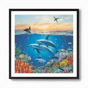 An enchanting and dreamlike art print featuring a whimsical underwater scene with gracefully swimming dolphins and vibrant coral reefs. This captivating and imaginative art print brings a touch of marine magic to home decor, perfect for ocean lovers and those seeking a serene ambiance Art Print