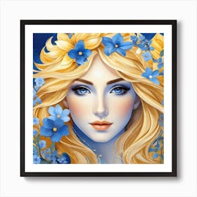 Blue Flowers on blonde girls head, glow, blue eyes, beautiful  Art Print