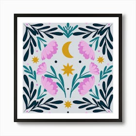 Stars Moon And Flowers - pink and turquoise Art Print