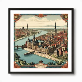 A Vintage Map, Of A Historic City With Ornate Borders And Labels art print 14 Art Print