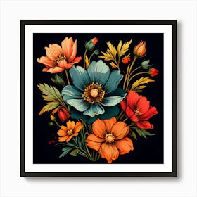 Flowers On A Black Background 4 Art Print