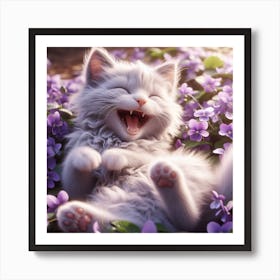 Cat Laughing In Purple Flowers Art Print