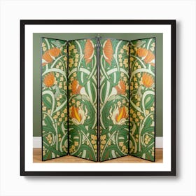 A Floral Design In A Green And Orange Room Divid Art Print