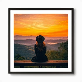 Woman In Black Hat Sitting Alone On A Wooden Balcony Overlooking A Hill Dotted Landscape Trees Al (6) Art Print