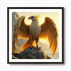 A Majestic Griffin With Golden Feathers Perched On A Sunlit Rock 1 Art Print