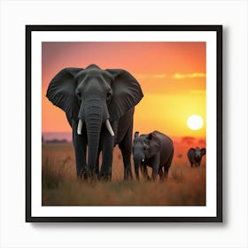 Elephants At Sunset Póster