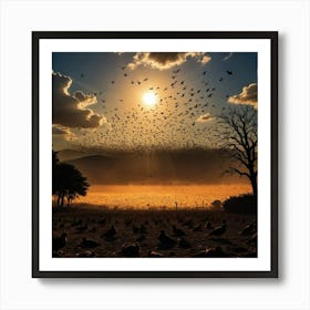 Shadows of Soaring Birds on Earth, Against a Vivid Sky Lit by the Golden Sun Art Print