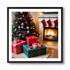Christmas Presents In Front Of Fireplace 10 Art Print