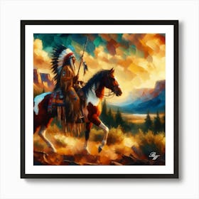 Oil Texture Native American Indian Riding On Prarie 3 Art Print