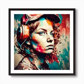 Colorful Girl With Headphones Art Print