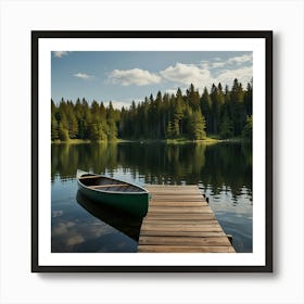 A Peaceful Lakeside Cabin With A Wooden Dock And A Canoe Tied To It Art Print