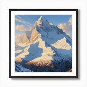 snow-capped mountain peak under a dawn sky. The light casts a golden glow on the rugged terrain, highlighting steep cliffs and soft clouds above Art Print