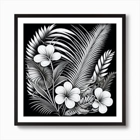 Hawaiian Flowers. A black and white image of a plant with flowers and leaves. Art Print