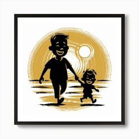Father And Son Walking On The Beach Art Print