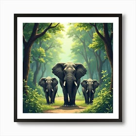 An Elephant Family Walking Through A Lush, Green Forest Art Print